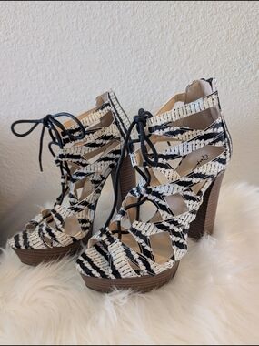 Lace-Up Strappy Platform Heels in Black and White